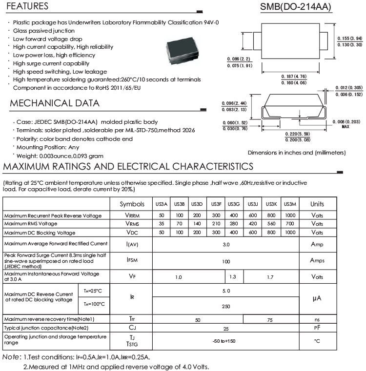 US3G US3M 3A Rectifier Diode 