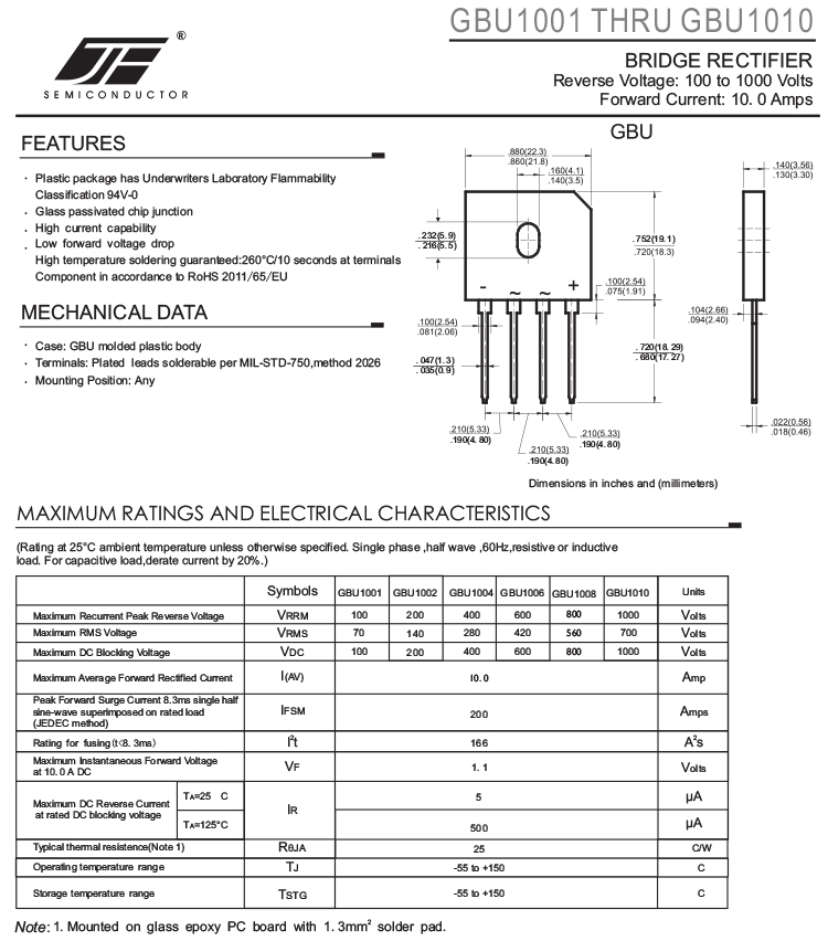 10A 1KV GBU Bridge Rectifier 