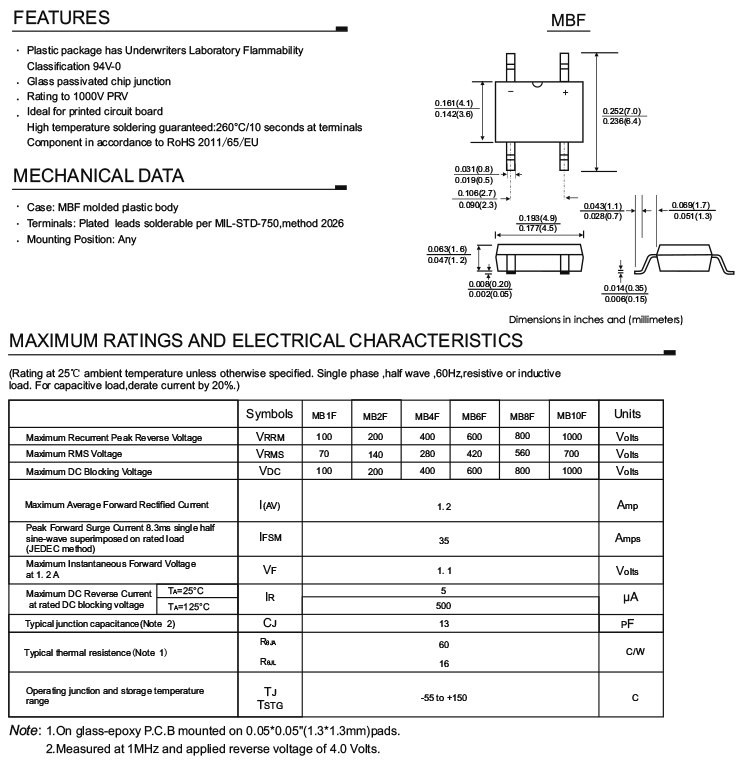 1A 1000V Bridge Rectifier Diode 