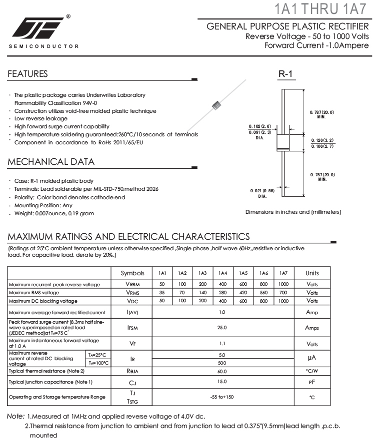 1A 1000V General Rectifier Diode