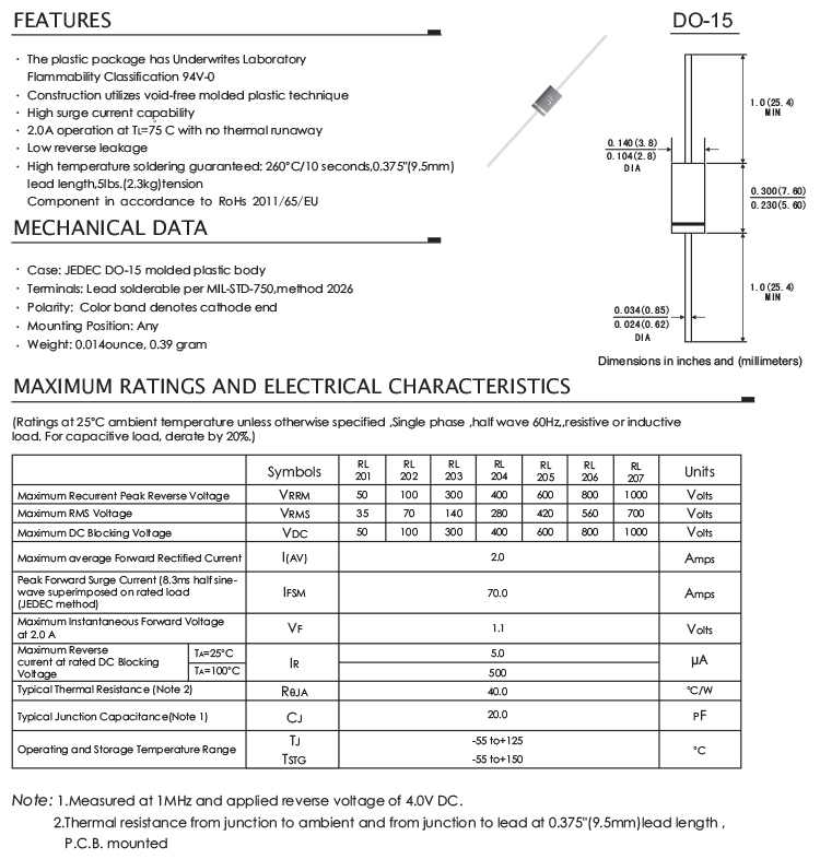 RL207 2A 1000V Rectifier Diode 