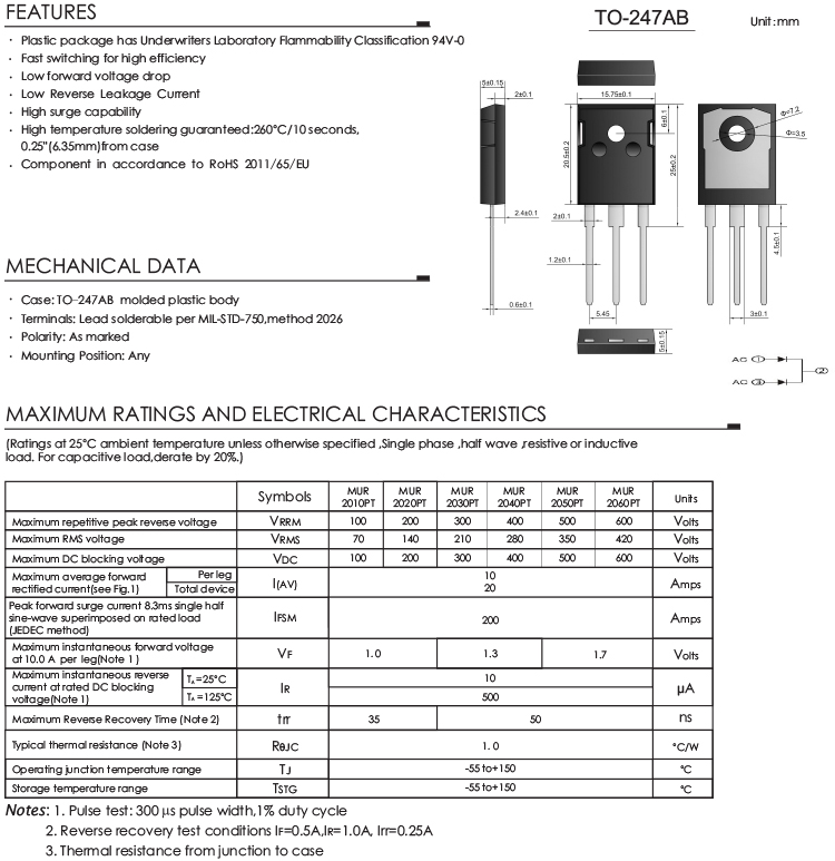 MUR2010PT 20 Amp Ultrafast Diode