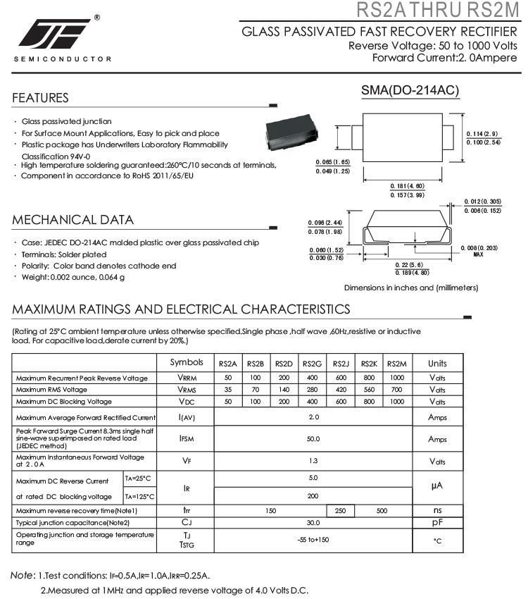 RS2A RS2M Fast Recovery Diode 