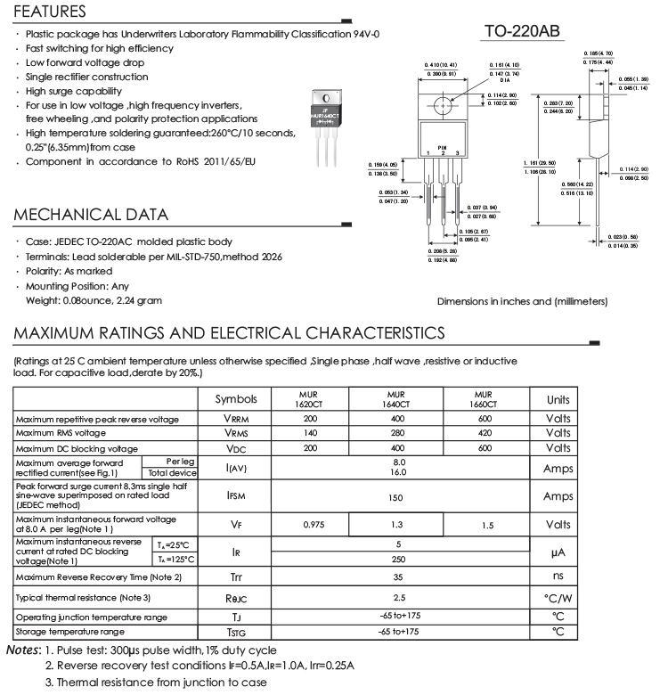 MUR1660CT 16A 600V Ultrafast Diode 