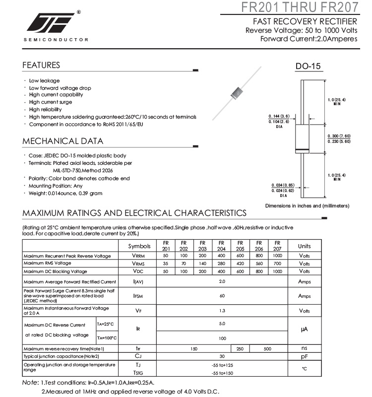 FR207 2A 1KV Rectifier Diode