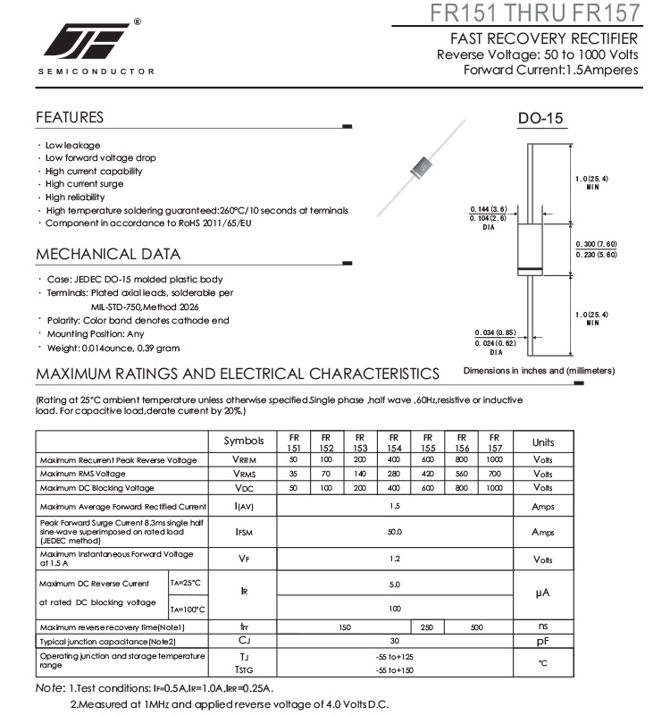 FR157 1.5A Fast Recovery Rectifier Diode 