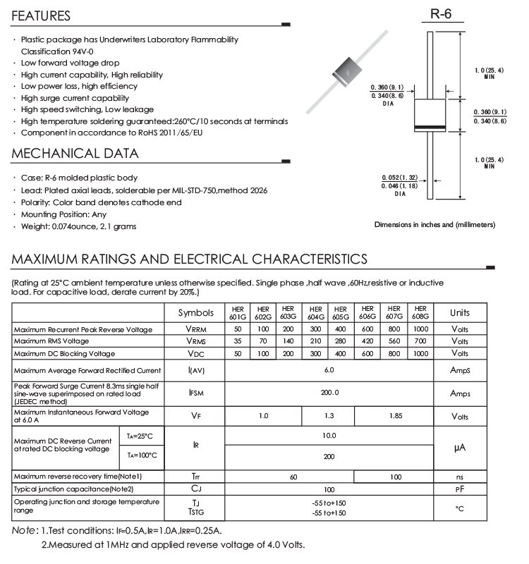 HER608G High Efficiency Rectifier Diode