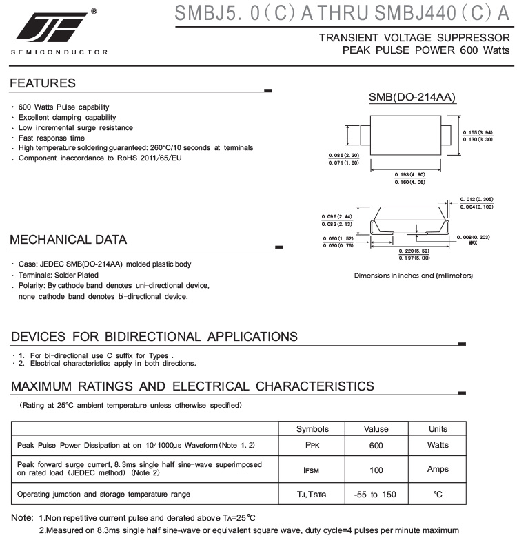 600 Watts SMBJ Series SMD TVS 