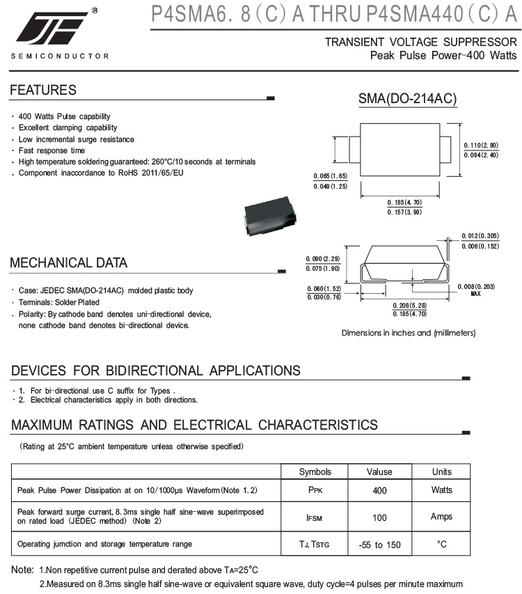 P4SMA Series 400W TVS Diode 