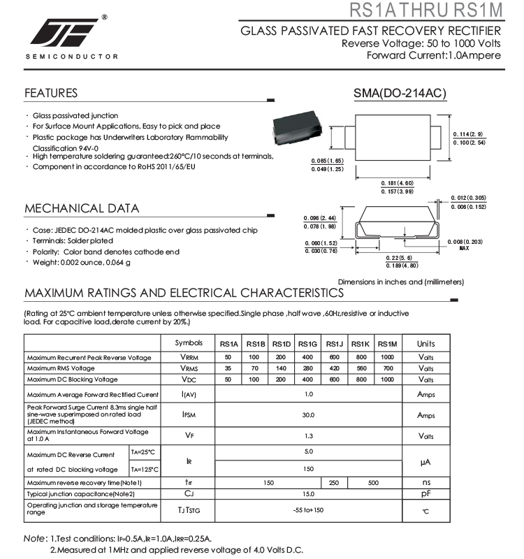 RS1M Fast Rectifier Diode 