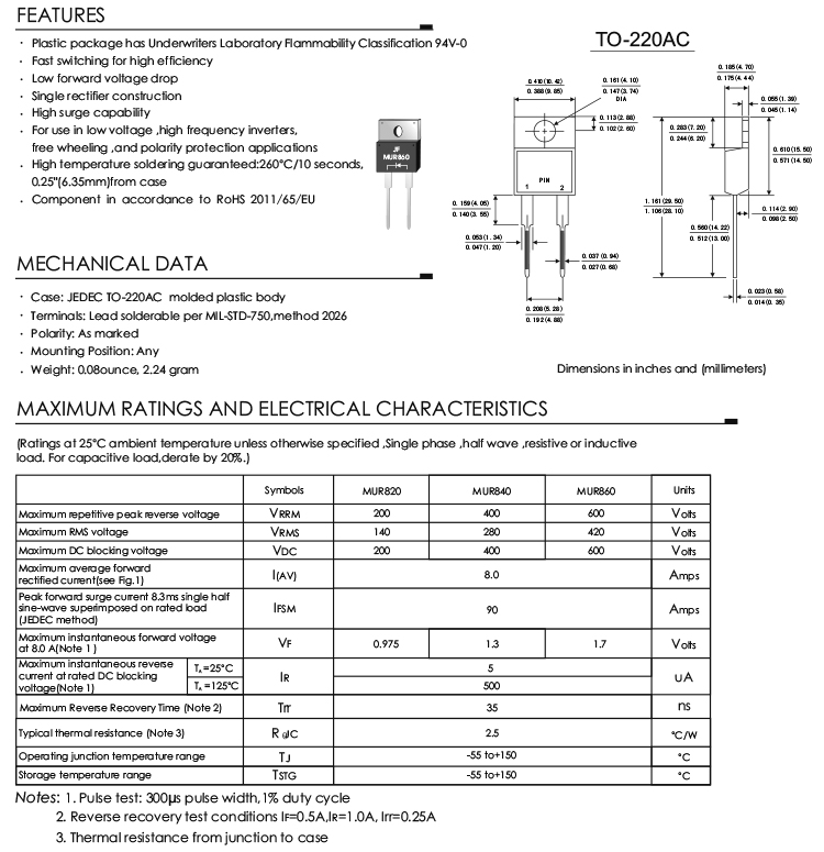 8A 600V MUR860 Diode 