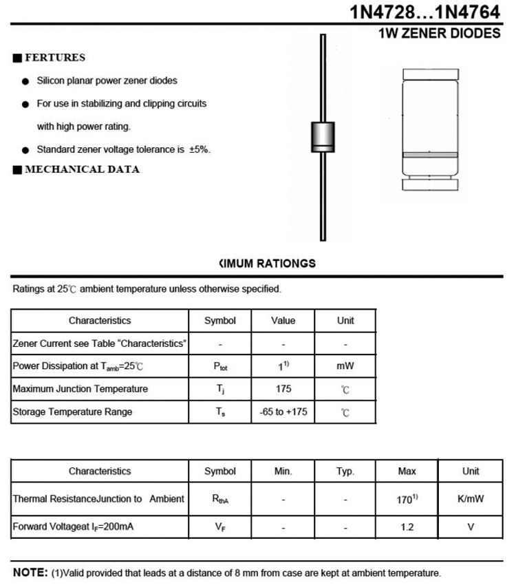 Glass Axial Lead 1W Zener Diode 