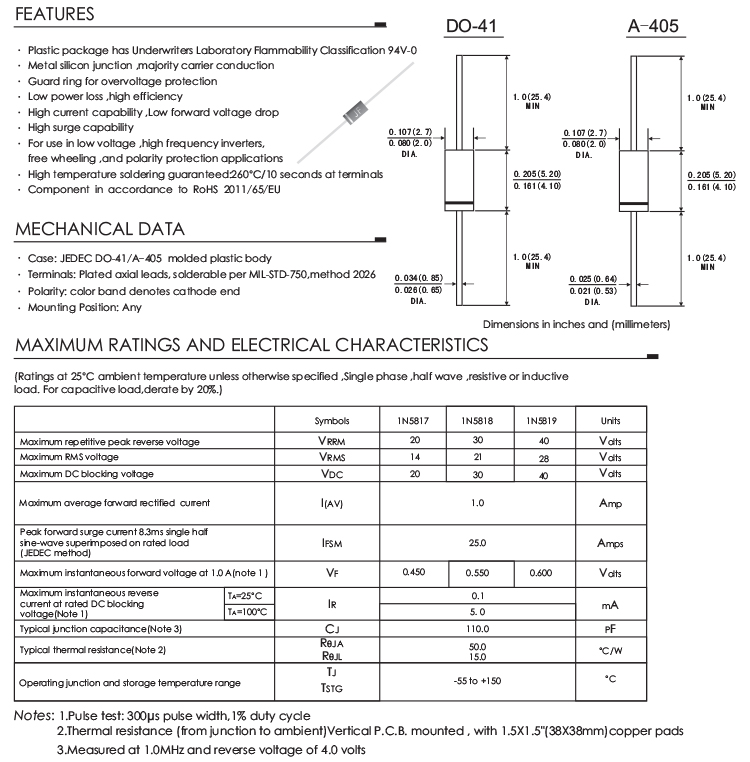 DO-41 1N5819 Schottky Diodes