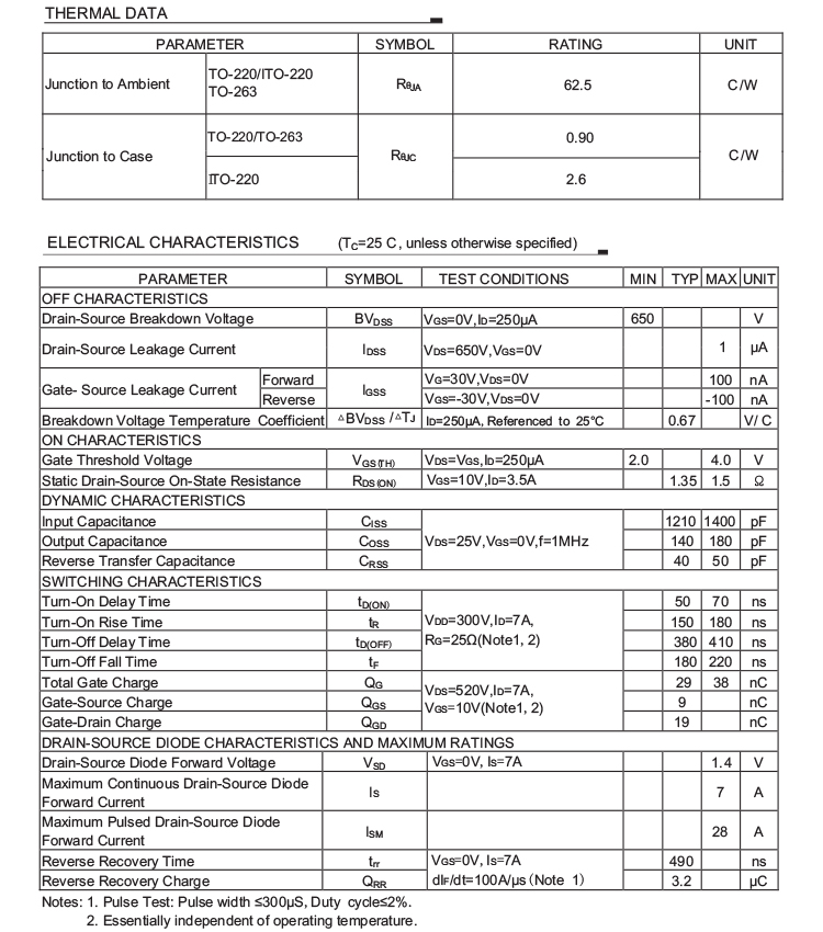 7A 650V Power Mosfet 