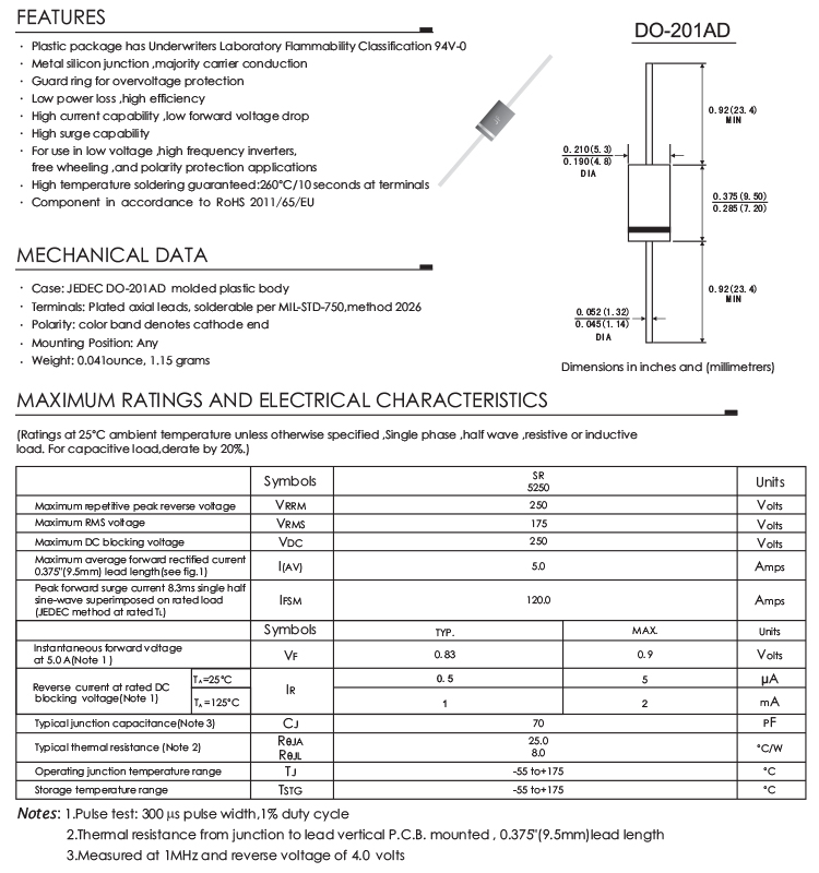 250V through hole schottky diode