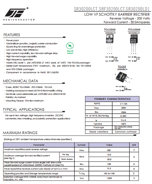 Low Vf Power Schottky Diode 30A 200V 